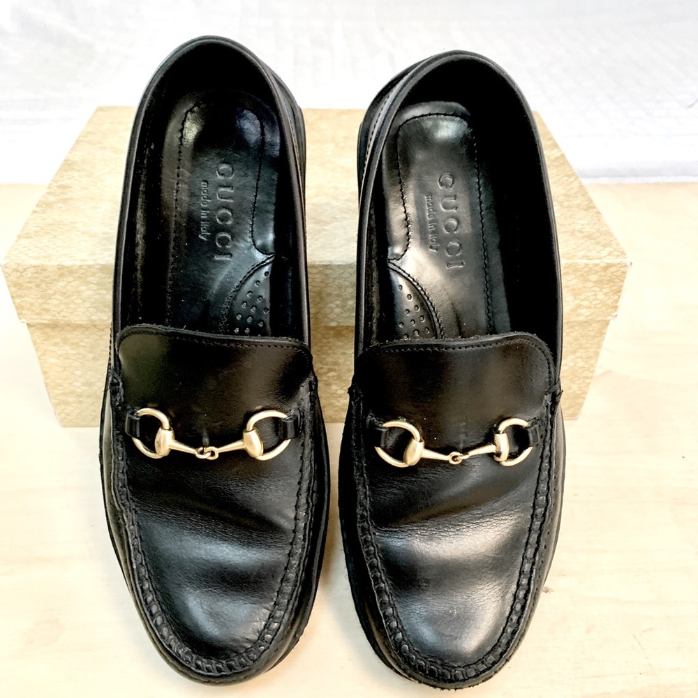 Gucci Ladies Black Leather Italian Loafers With Horse Bit